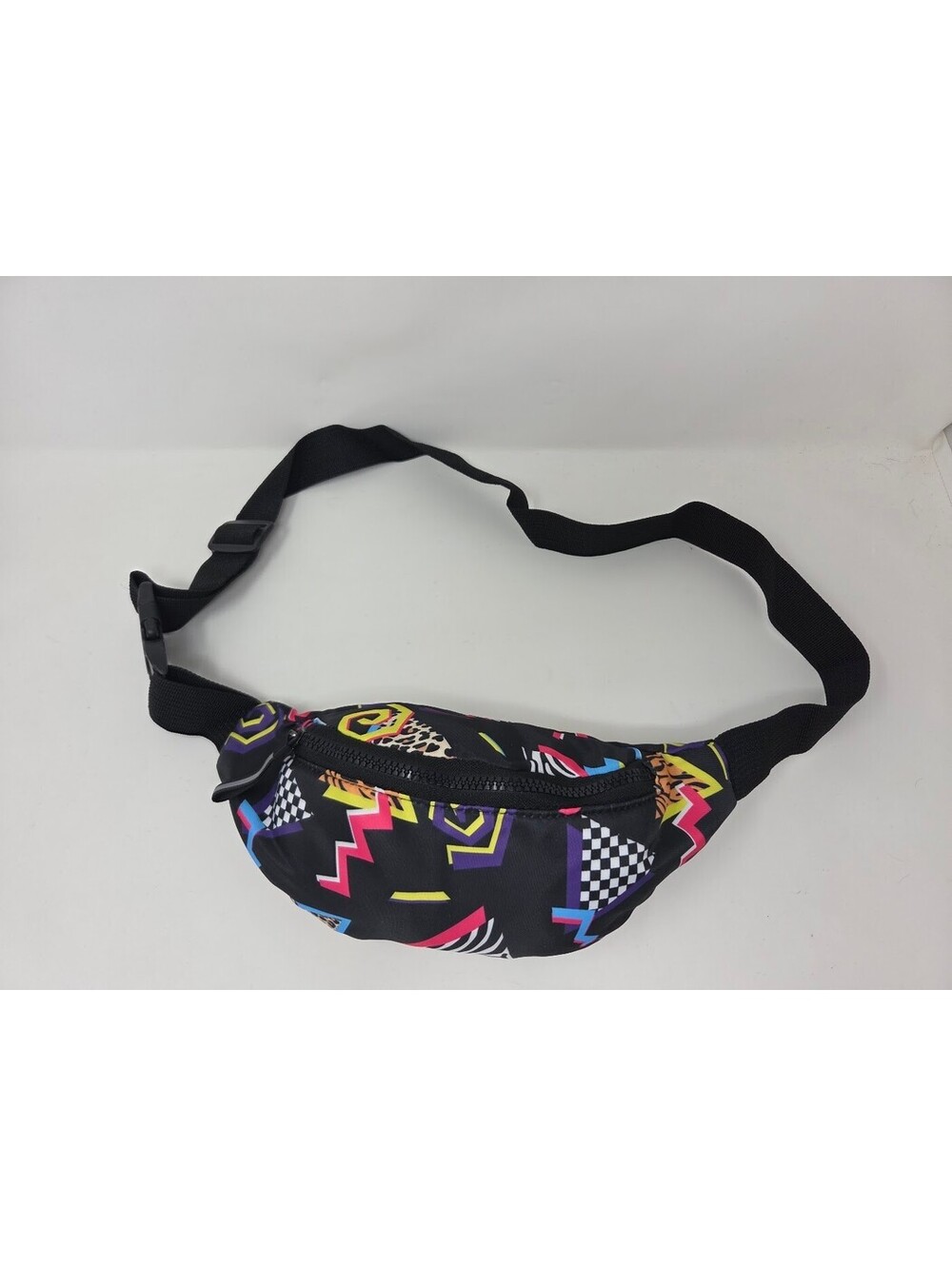 Retro 80s 90s Style Waist Pack Black Neon Geometric Print Adjustable Strap